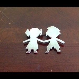 Vtg Girl Boy Silver Brooch Sterling Brooch Pin